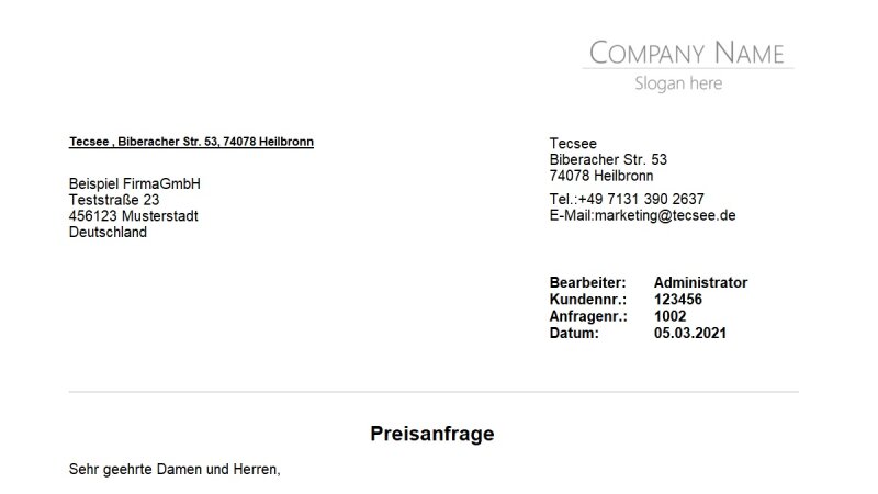 Individuell anpassbare Druckvorlage - Lieferantenpreisanfrage