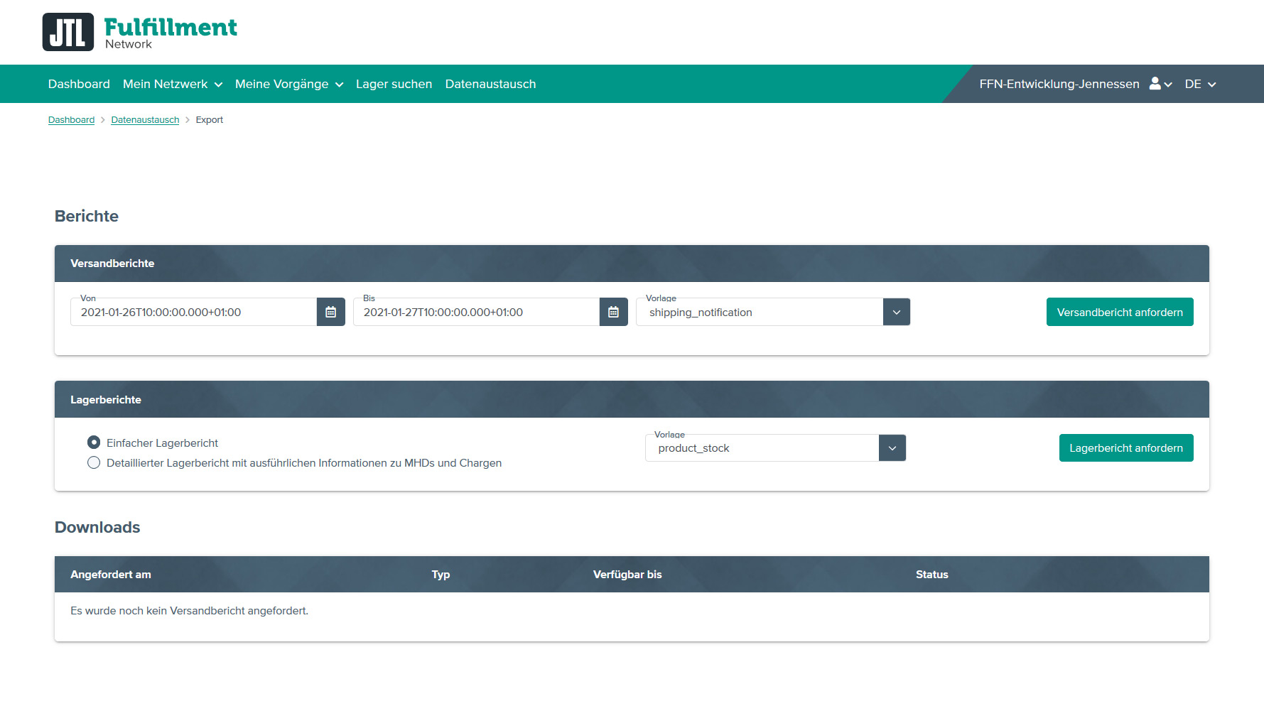 JTL-FFN Portal Export Versandberichte Lagerberichte