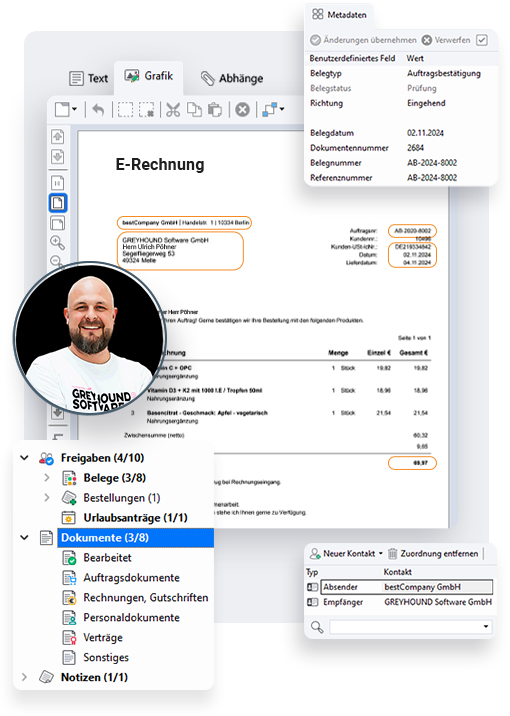 E-Rechnungen werden im Dokumenten-Management-System GREYHOUND archiviert und freigegeben.