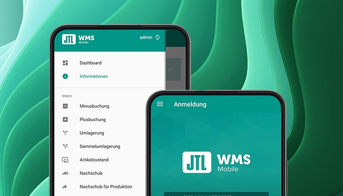 Zwei Smartphones zeigen die Benutzeroberfläche der „JTL WMS Mobile“-App. Auf einem Bildschirm ist der Anmeldebildschirm mit dem „JTL WMS Mobile“-Logo zu sehen. Der andere Bildschirm zeigt das Hauptmenü mit Optionen wie „Dashboard“, „Minusbuchung“, „Plusbuchung“, „Umlagerung“ und weiteren Lagerverwaltungsfunktionen. Der Hintergrund besteht aus geschwungenen grünen Formen.